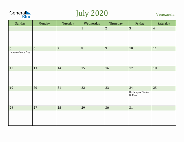 July 2020 Calendar with Venezuela Holidays