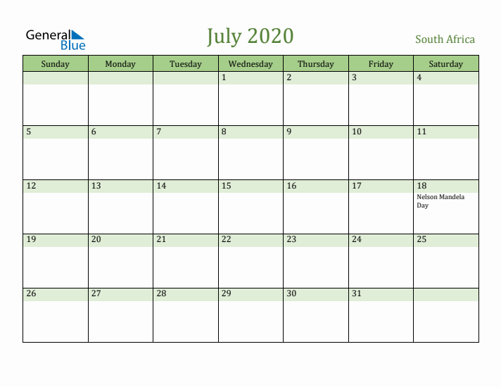 July 2020 Calendar with South Africa Holidays