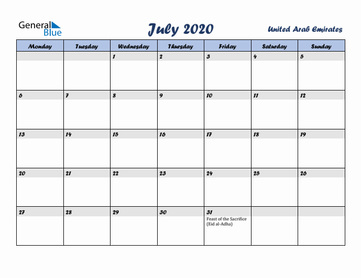 July 2020 Calendar with Holidays in United Arab Emirates