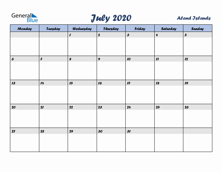 July 2020 Calendar with Holidays in Aland Islands