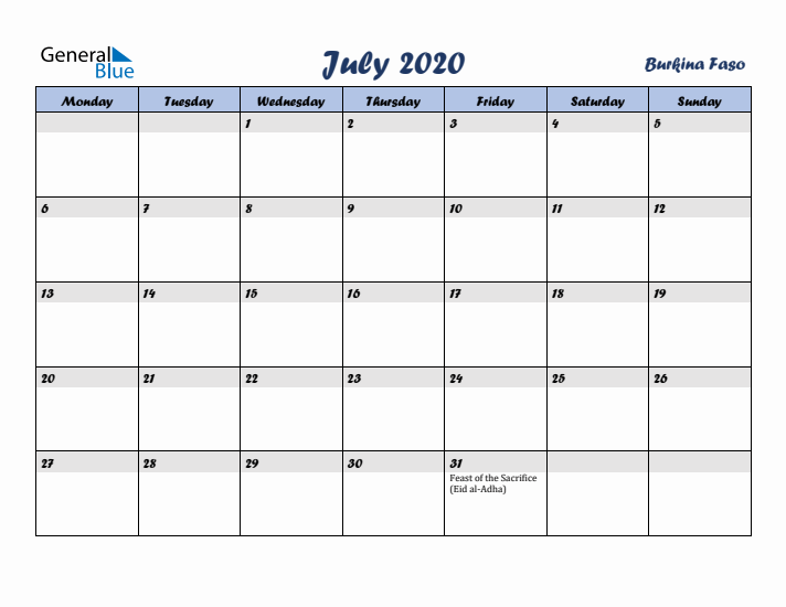 July 2020 Calendar with Holidays in Burkina Faso
