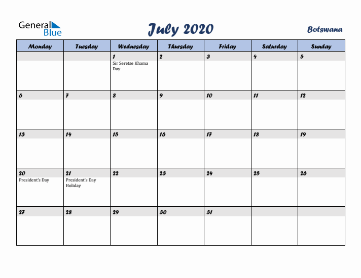 July 2020 Calendar with Holidays in Botswana