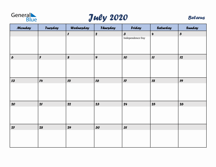 July 2020 Calendar with Holidays in Belarus