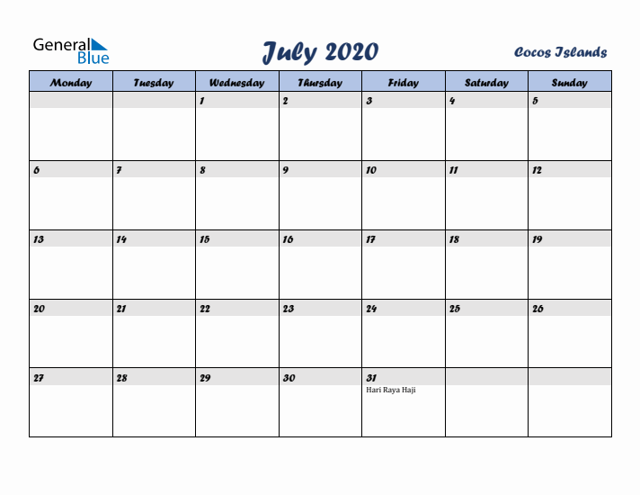 July 2020 Calendar with Holidays in Cocos Islands