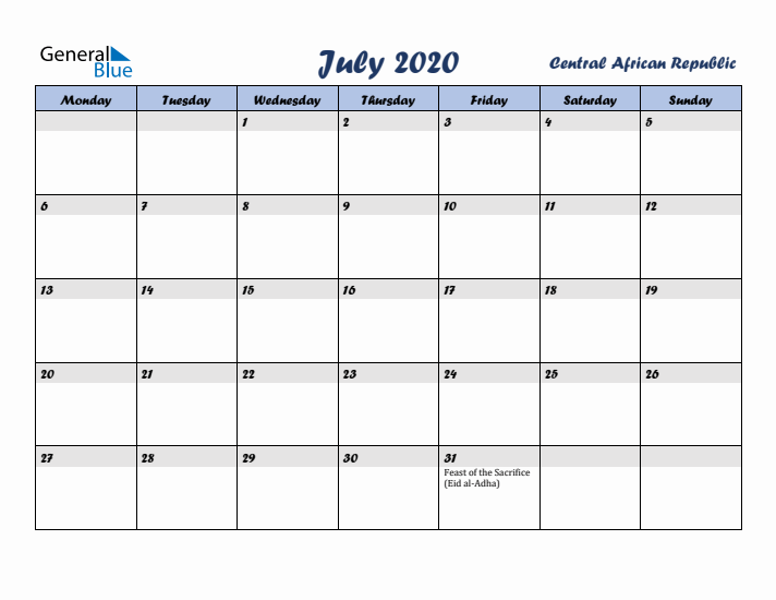 July 2020 Calendar with Holidays in Central African Republic