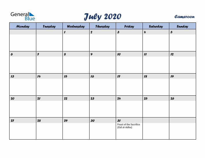 July 2020 Calendar with Holidays in Cameroon
