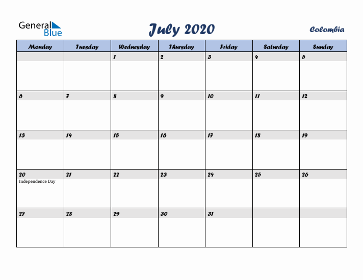 July 2020 Calendar with Holidays in Colombia