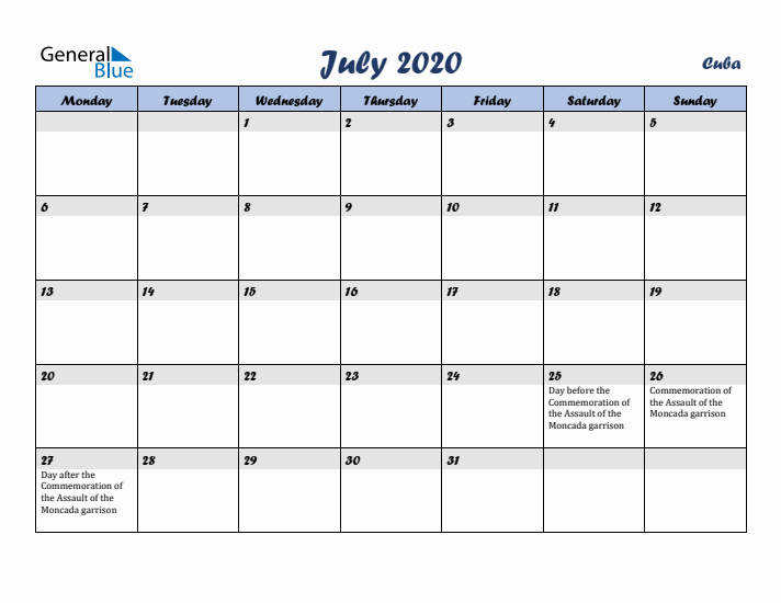 July 2020 Calendar with Holidays in Cuba