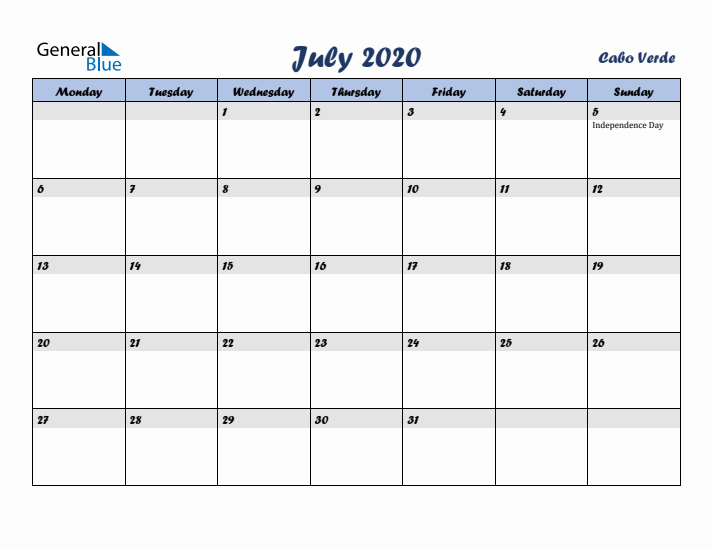 July 2020 Calendar with Holidays in Cabo Verde