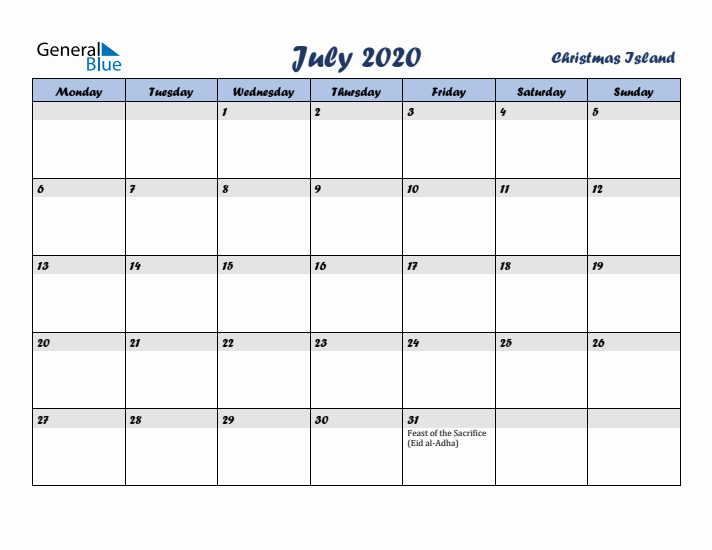 July 2020 Calendar with Holidays in Christmas Island