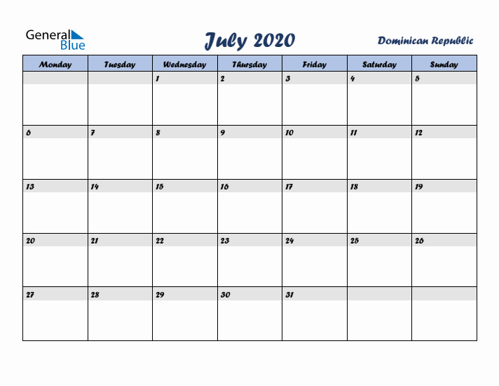 July 2020 Calendar with Holidays in Dominican Republic