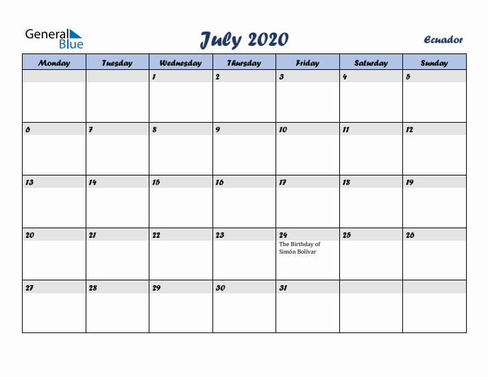July 2020 Calendar with Holidays in Ecuador