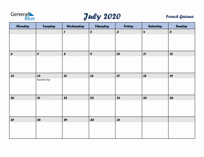July 2020 Calendar with Holidays in French Guiana