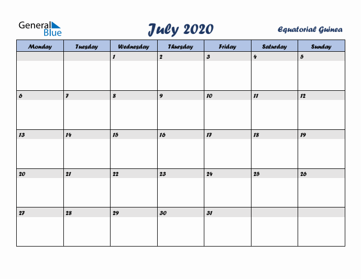 July 2020 Calendar with Holidays in Equatorial Guinea