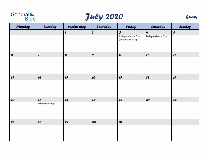 July 2020 Calendar with Holidays in Guam