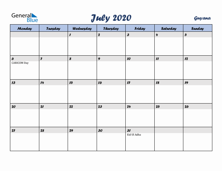 July 2020 Calendar with Holidays in Guyana