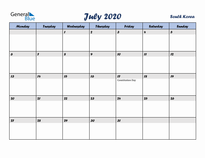 July 2020 Calendar with Holidays in South Korea