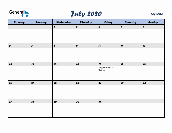 July 2020 Calendar with Holidays in Lesotho