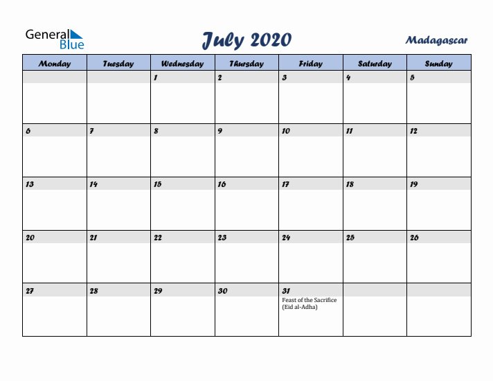 July 2020 Calendar with Holidays in Madagascar