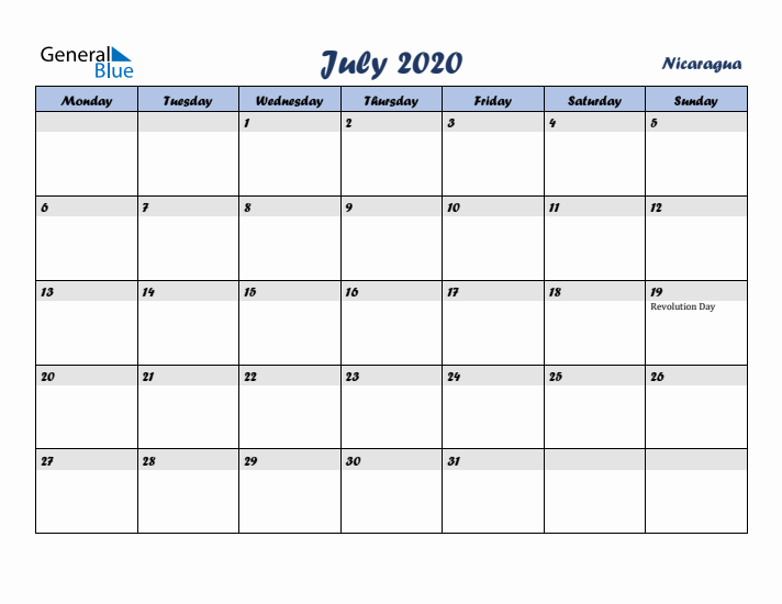 July 2020 Calendar with Holidays in Nicaragua