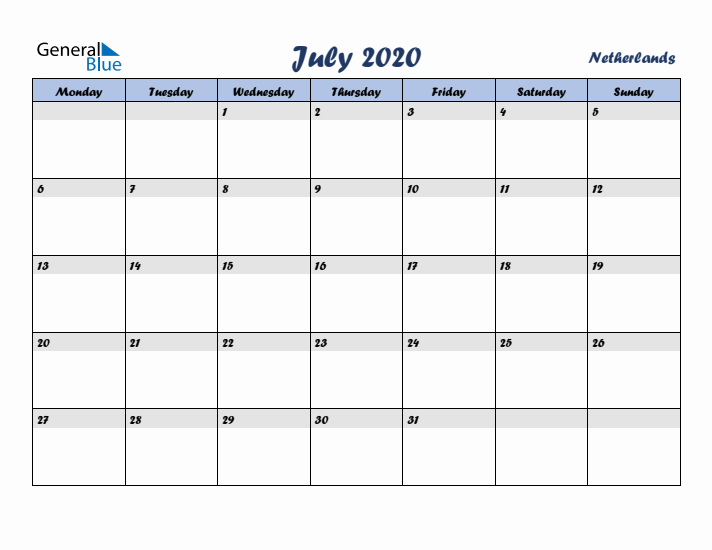 July 2020 Calendar with Holidays in The Netherlands