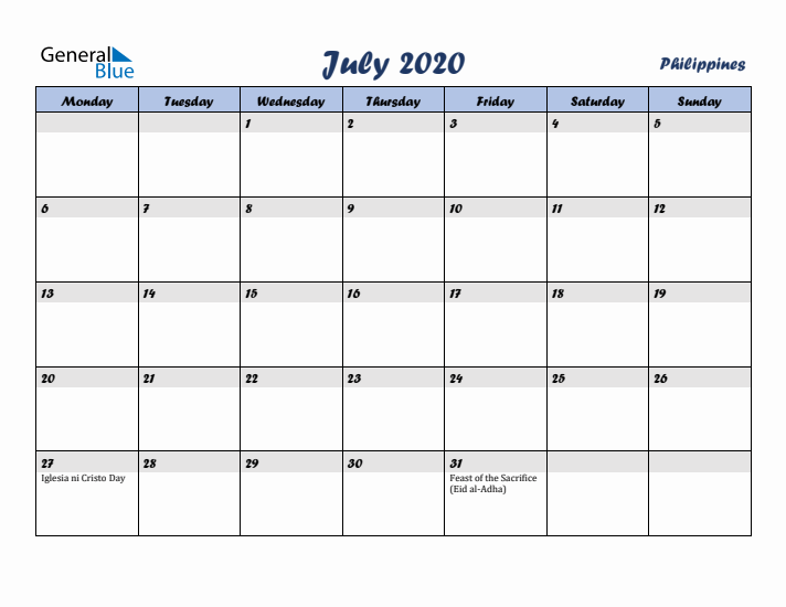 July 2020 Calendar with Holidays in Philippines