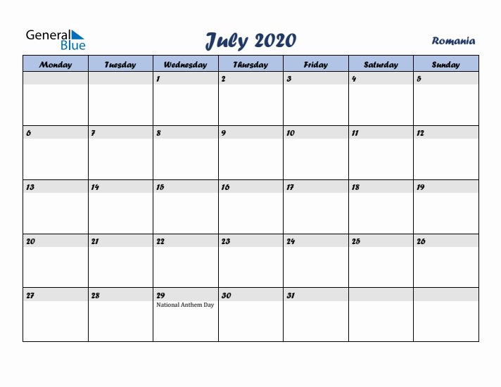 July 2020 Calendar with Holidays in Romania