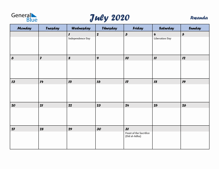 July 2020 Calendar with Holidays in Rwanda