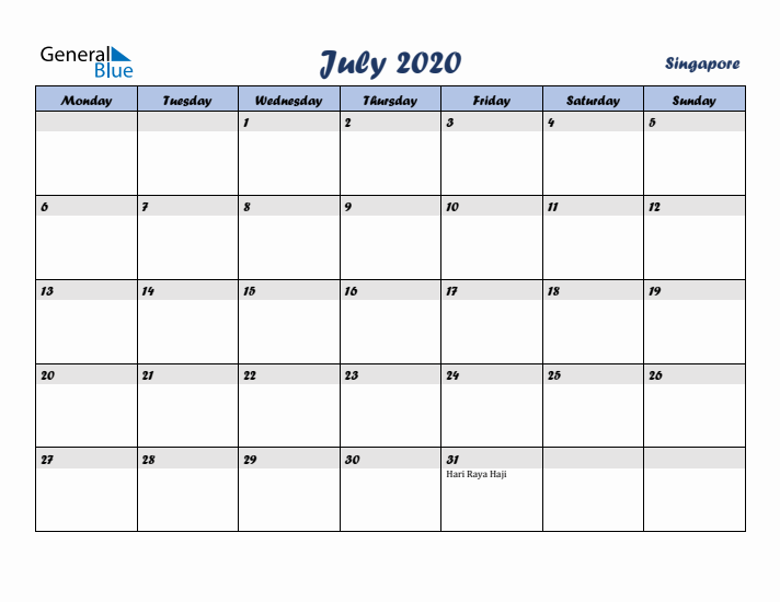July 2020 Calendar with Holidays in Singapore