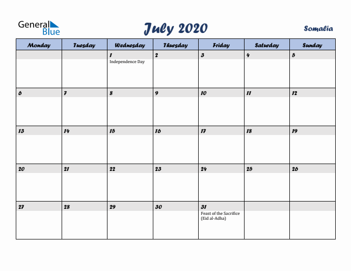 July 2020 Calendar with Holidays in Somalia