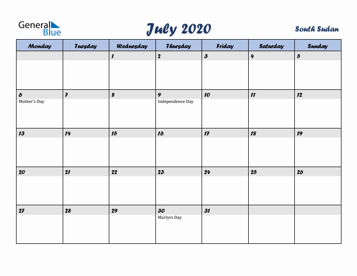 July 2020 Calendar with Holidays in South Sudan