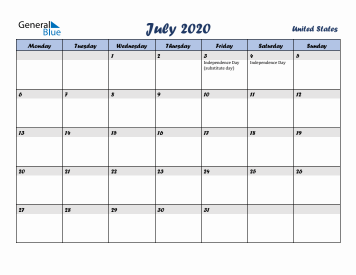 July 2020 Calendar with Holidays in United States