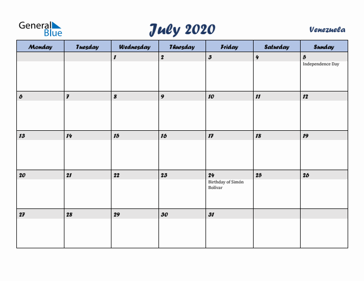 July 2020 Calendar with Holidays in Venezuela