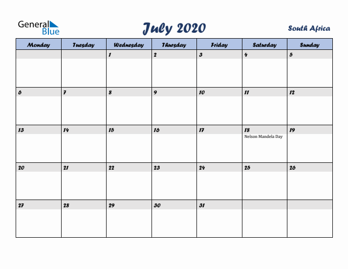 July 2020 Calendar with Holidays in South Africa