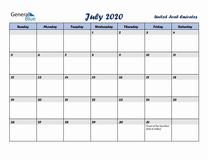 July 2020 Calendar with Holidays in United Arab Emirates