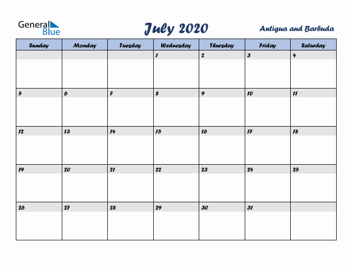July 2020 Calendar with Holidays in Antigua and Barbuda