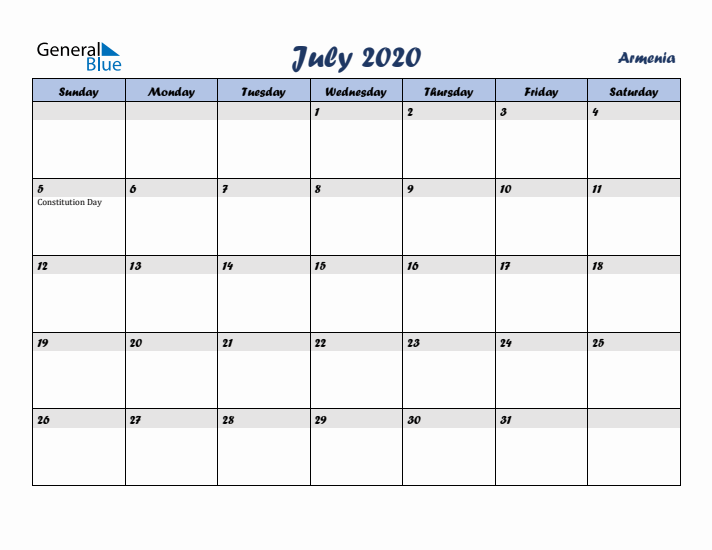 July 2020 Calendar with Holidays in Armenia