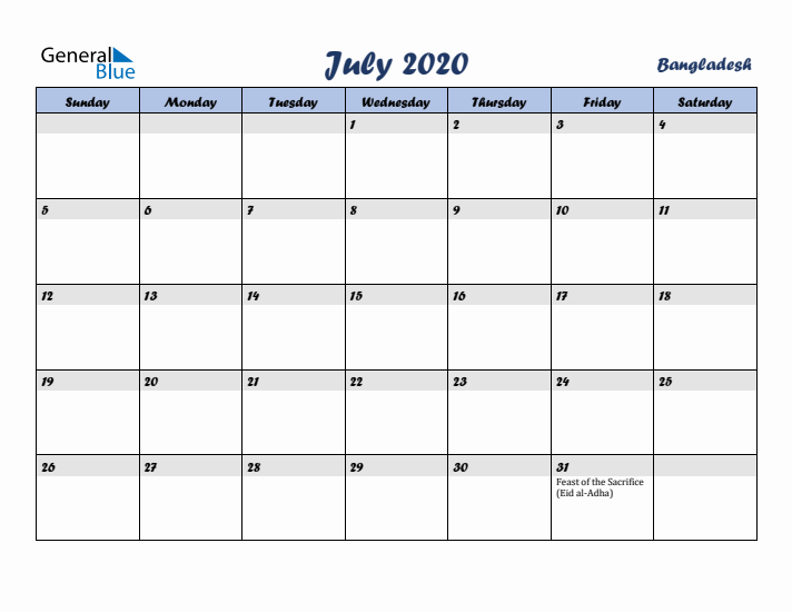 July 2020 Calendar with Holidays in Bangladesh