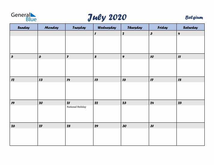 July 2020 Calendar with Holidays in Belgium