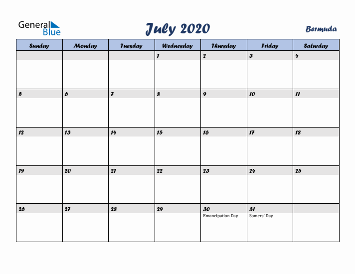 July 2020 Calendar with Holidays in Bermuda