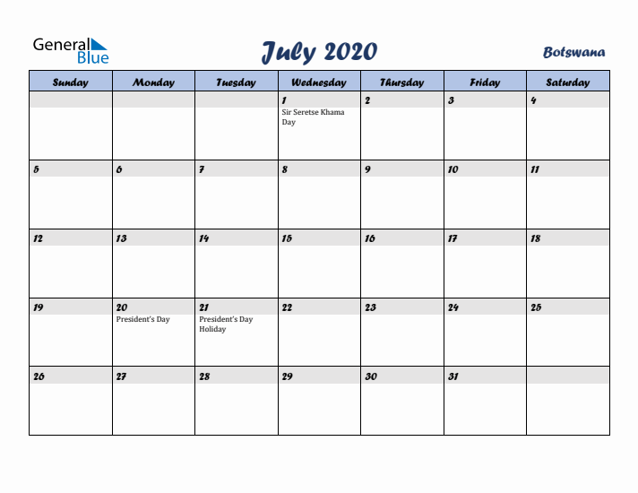 July 2020 Calendar with Holidays in Botswana