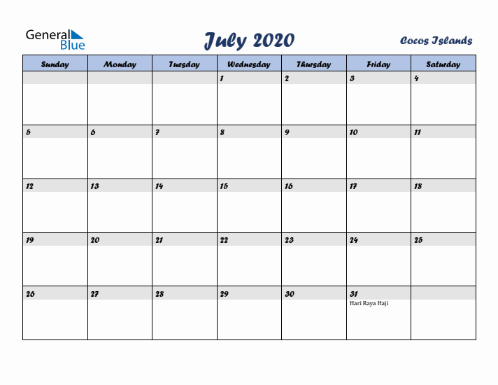 July 2020 Calendar with Holidays in Cocos Islands