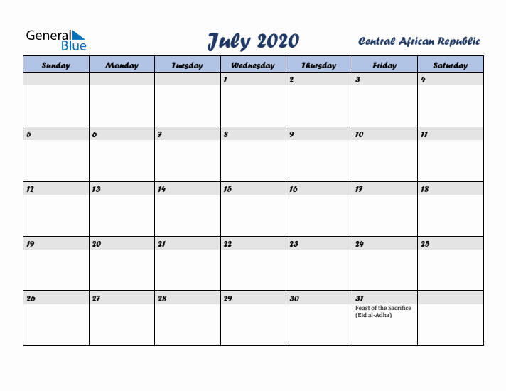 July 2020 Calendar with Holidays in Central African Republic