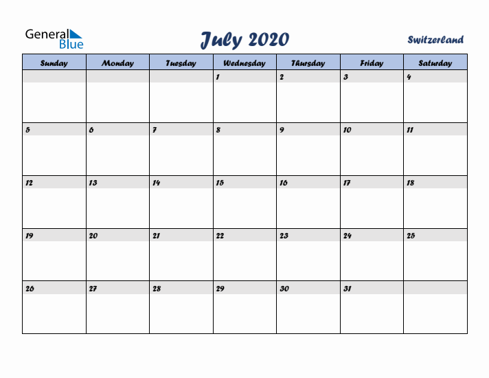 July 2020 Calendar with Holidays in Switzerland