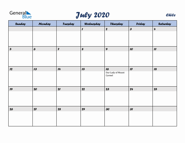 July 2020 Calendar with Holidays in Chile
