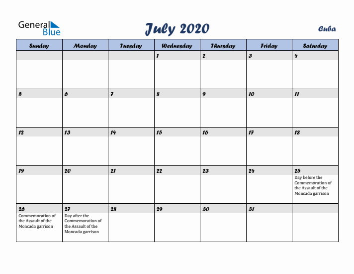 July 2020 Calendar with Holidays in Cuba