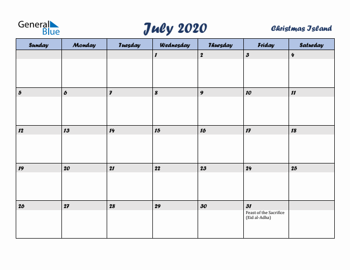 July 2020 Calendar with Holidays in Christmas Island