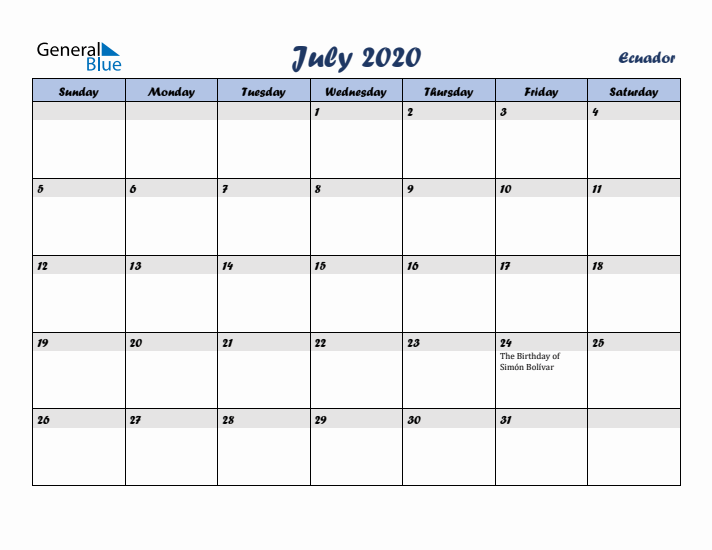 July 2020 Calendar with Holidays in Ecuador