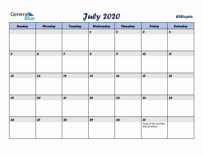 July 2020 Calendar with Holidays in Ethiopia
