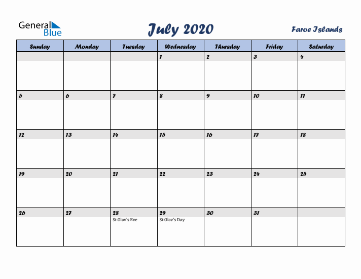 July 2020 Calendar with Holidays in Faroe Islands